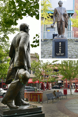 華埠原址上之孫中山銅像似步向著「同濟門」。