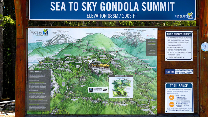 在 Sea to Sky Gondola 山頂，有 5 五條主要遠足徑，均相當易行。