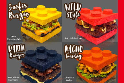 Brick Burger 的鎮店之寶是他們的 LEGO Burger，麵包面是模仿四格 LEGO 造成，而且還有黃、黑、紅及橙顏色配搭 4 款不同口味，而黑色的 Darth Burger，就是特別為《星戰》粉而設。(Photo by Brick Burger facebook)

