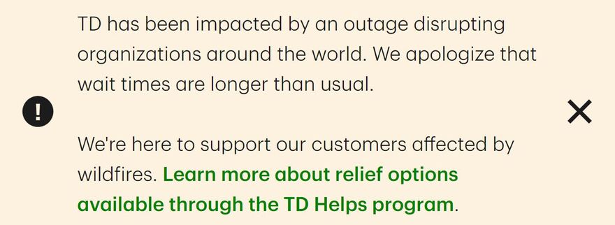 多倫多道明銀行TD Bank在網頁表明受系統故障影響。（道明銀行網頁截圖）