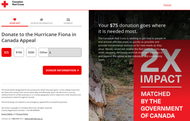 加拿大紅十字會的「加拿大 Fiona 風災籌款」專頁。