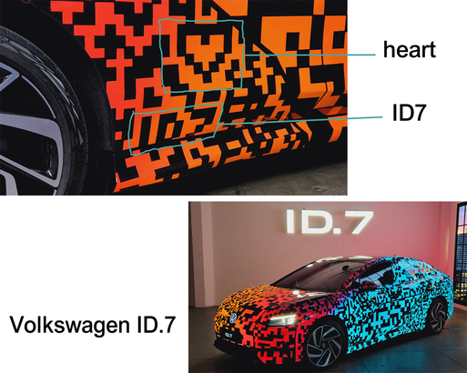 Volkswagen ID.7 騷車以變色格仔車身來吸引 CES 場內的眼球，留意車身格仔隱藏著 Love（心形）和 ID7（近輪拱）的訊息。