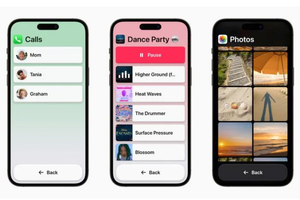 有了 iPhone 上的「Assistive Access」功能，使用者可以為「主畫面」和 app 選擇更視覺化，以網格為基礎的佈局，或者，偏好文字的使用者也可以選擇基於欄位的佈局。 (Photo by Apple)