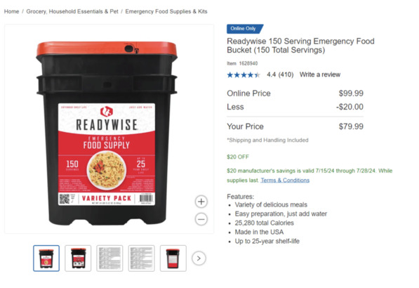 這款 Readywise Emergency Food Supply Bucket 在加國的 Costco.ca 也有售，但價錢較貴，60 餐份量就要價加幣 $259.99。有興趣的朋友也可瀏覽 readywise.com 網頁，比較價格。