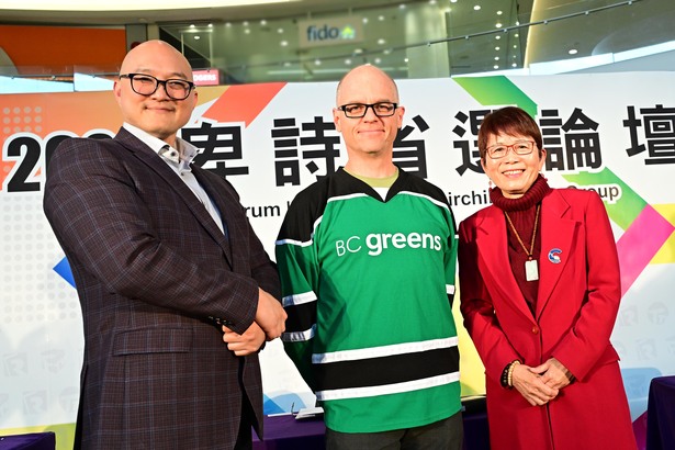 (left to right) BC NDP Henry Yao, BC Green Tamás Revóczi, BC Conservatives Teresa Wat. 